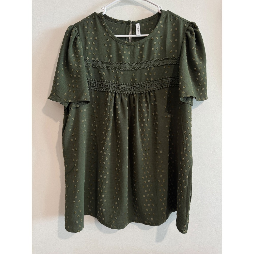 Fairy Cottage Falechay Swiss Dot Crochet Lace Blouse Womens XL Olive Green Puff